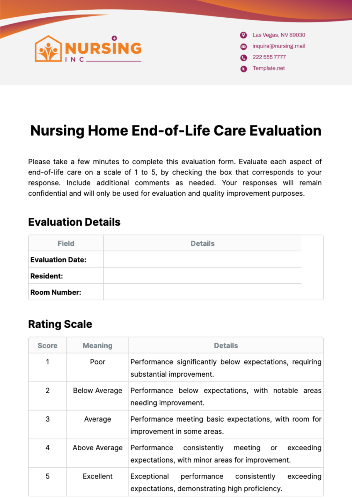Nursing Home End-of-Life Care Evaluation Template