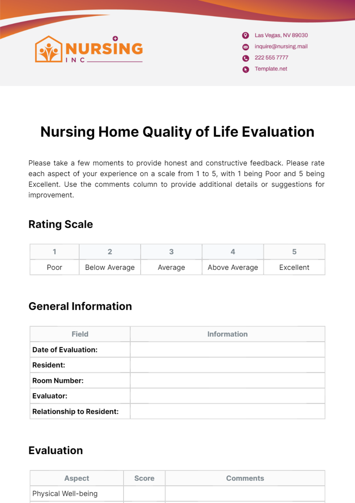 Nursing Home Quality of Life Evaluation Template