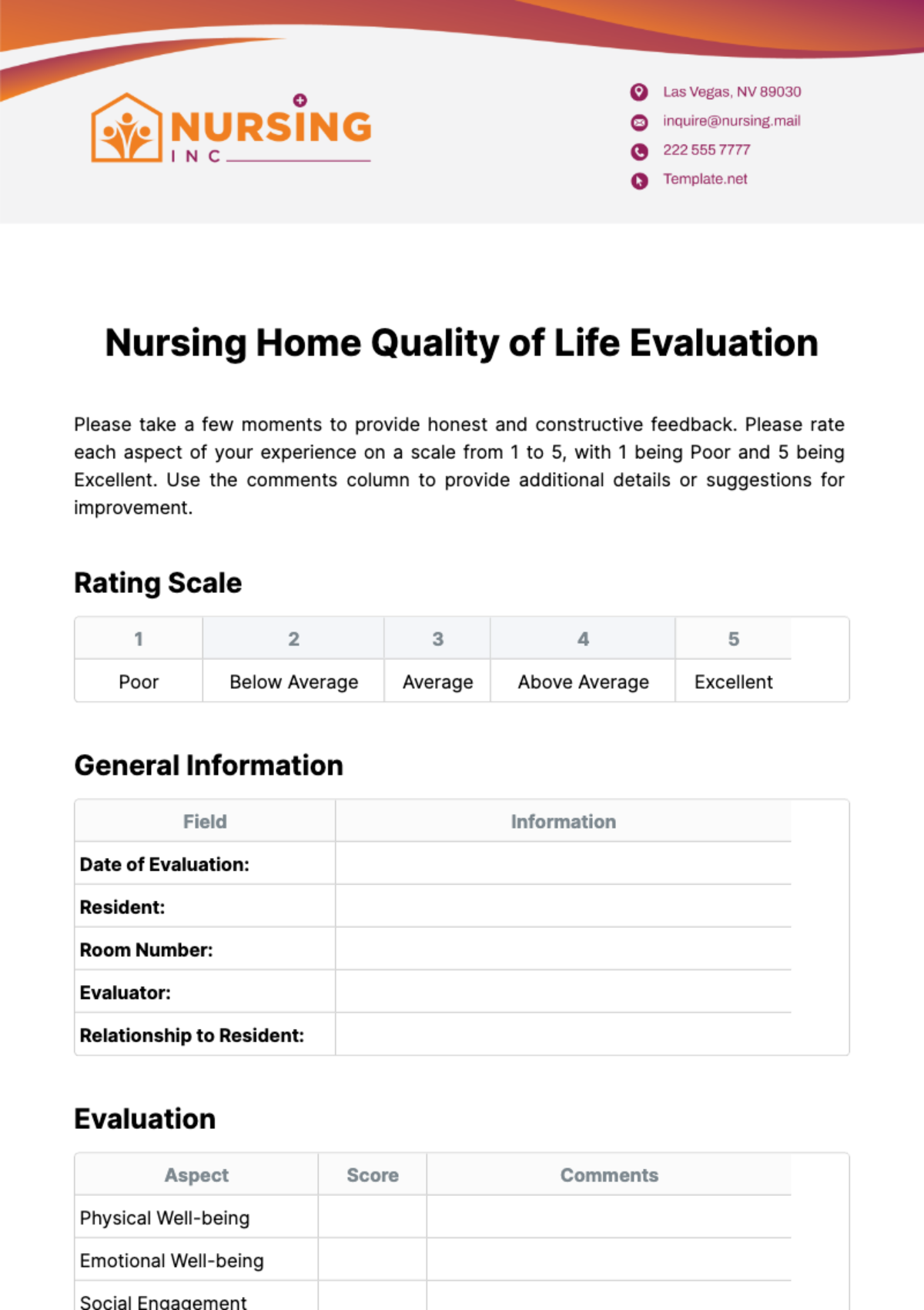 Nursing Home Quality of Life Evaluation Template