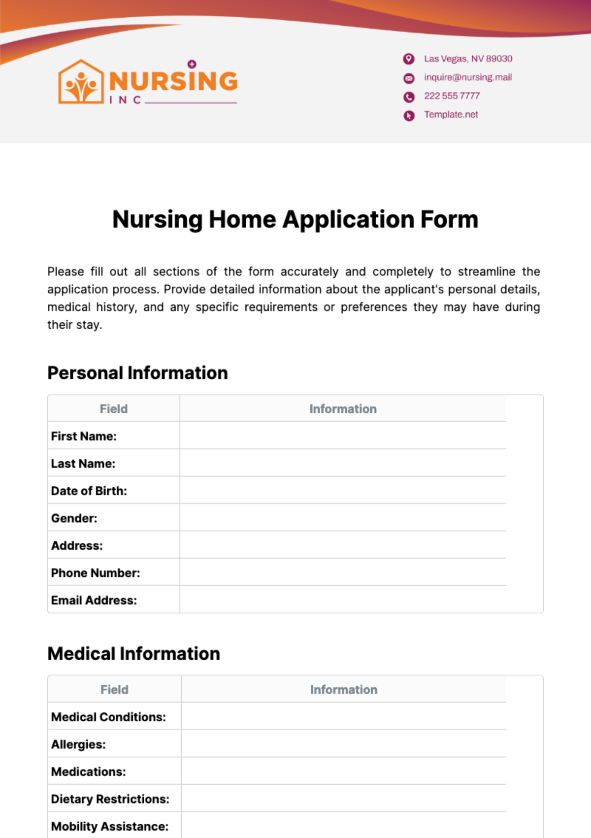 Free Nursing Home Application Form Template