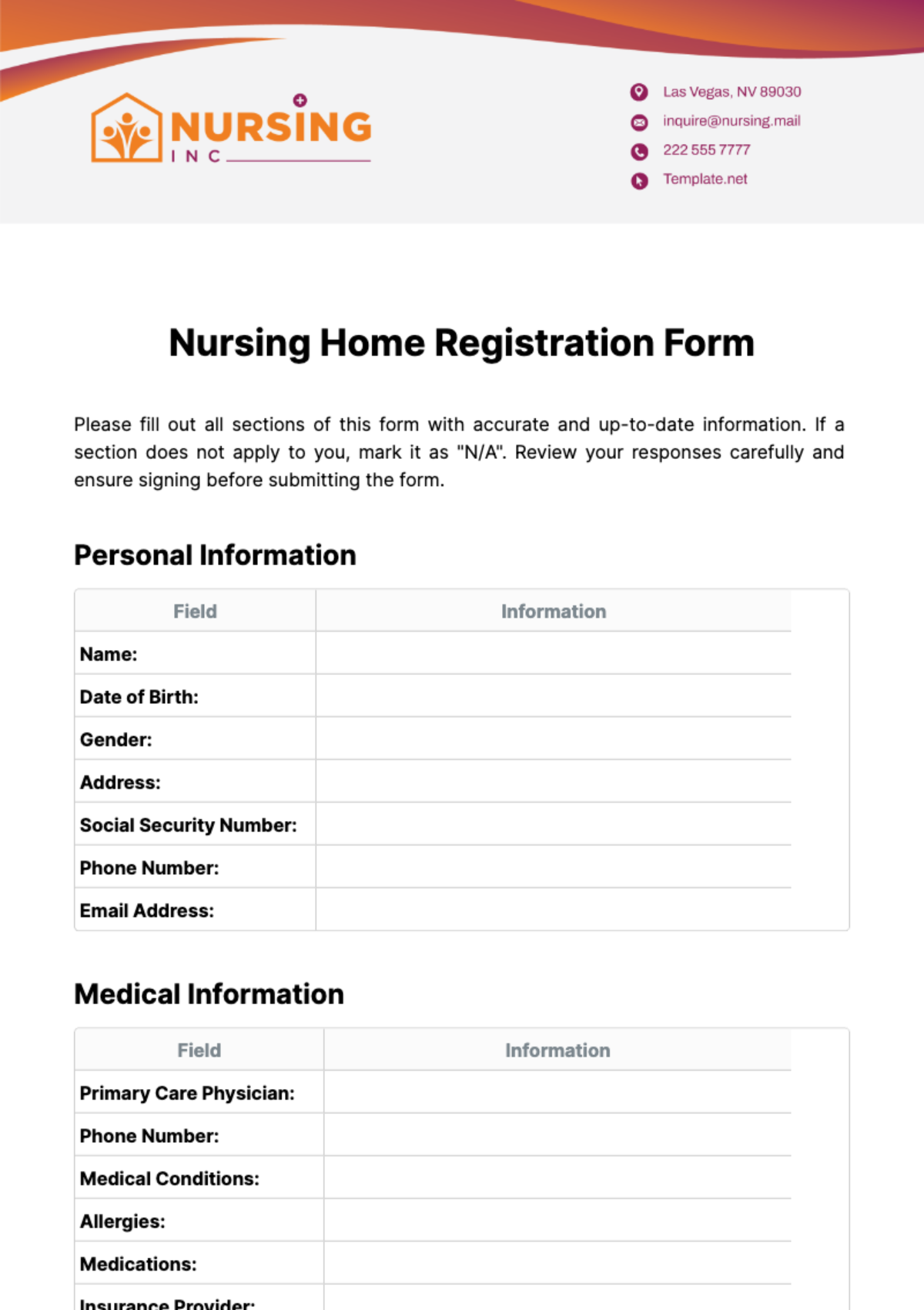 Nursing Home Registration Form Template