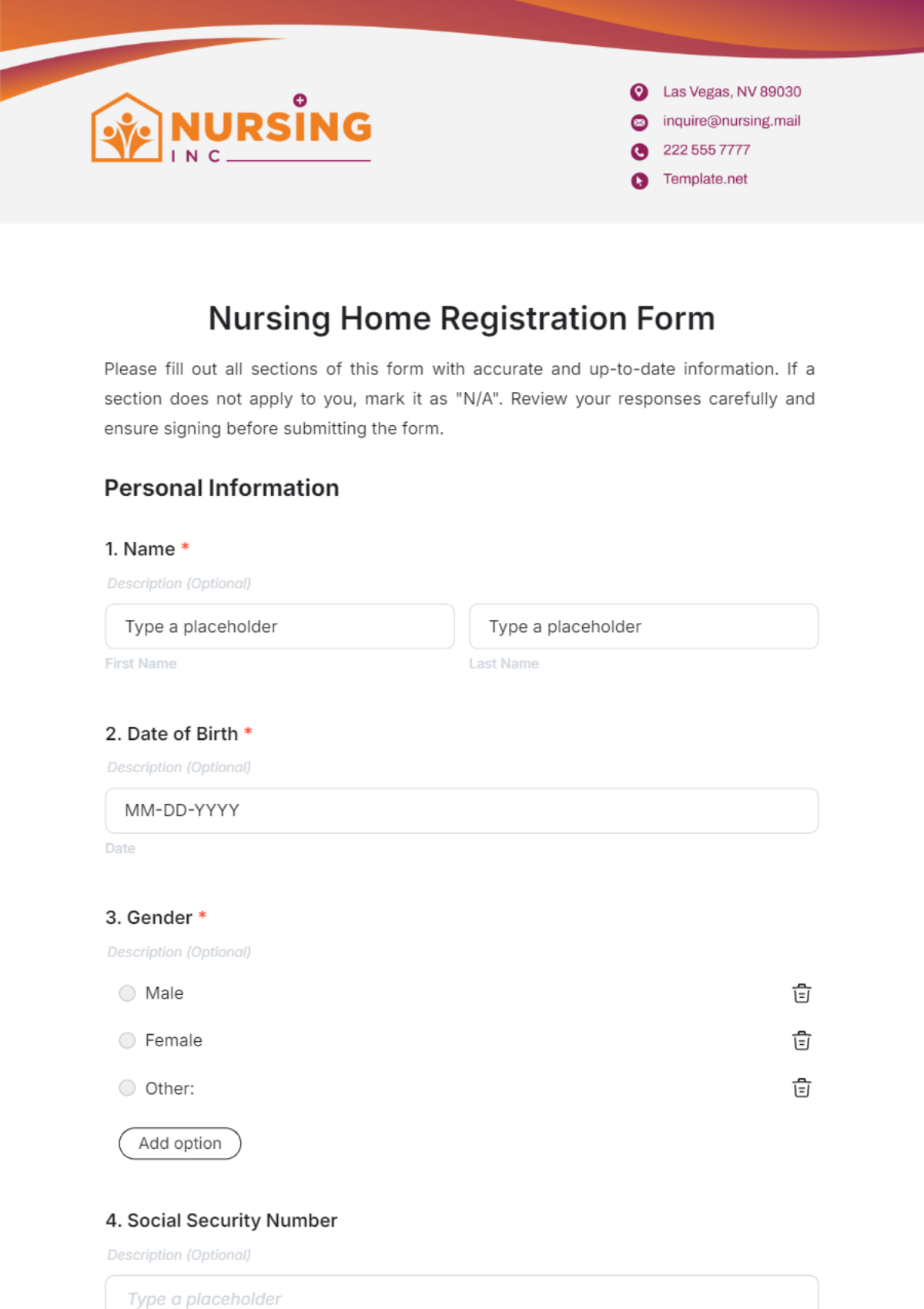 Nursing Home Registration Form Template