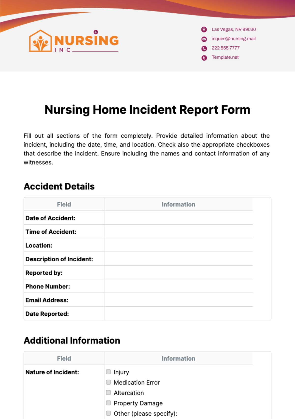 Nursing Home Incident Report Form Template