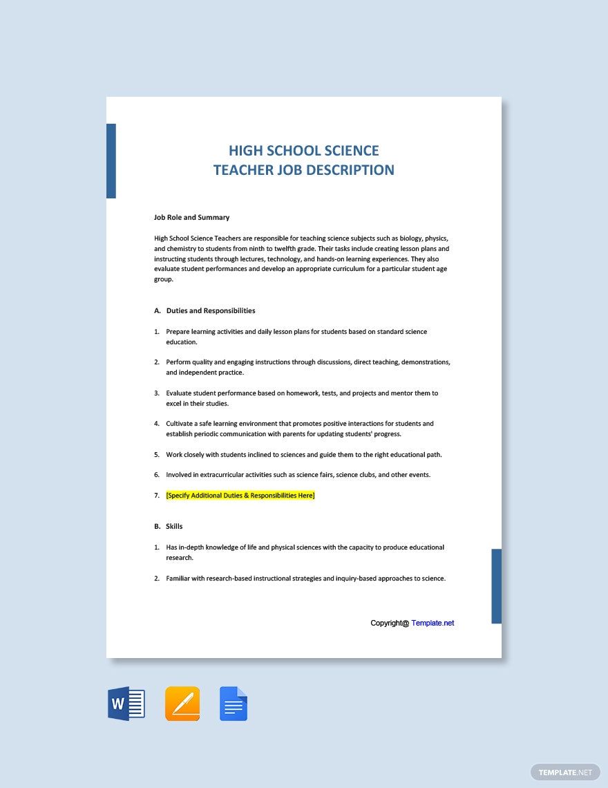 High School Science Teacher Job Description Download In Word Google 