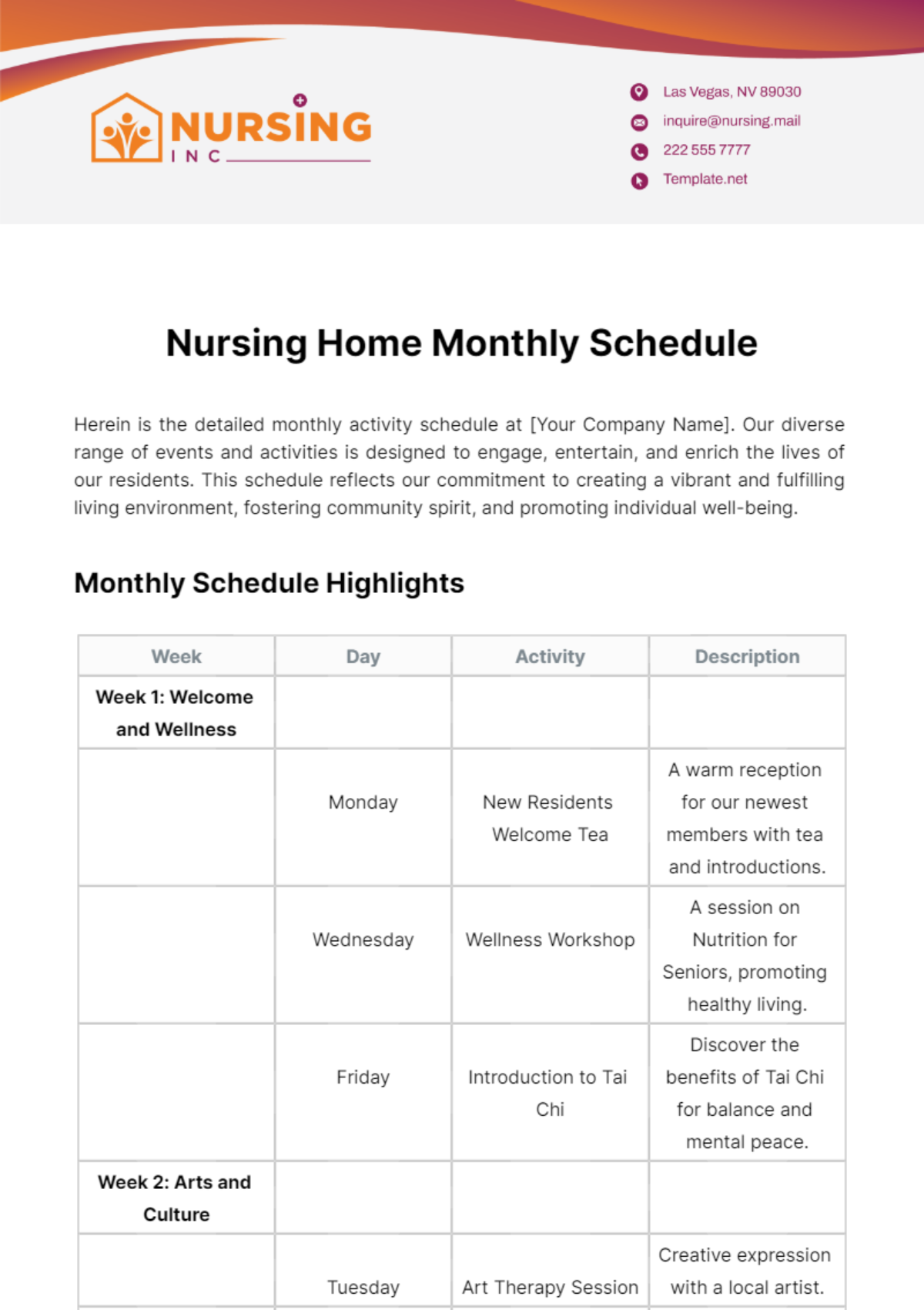Free Nursing Home Monthly Schedule Template