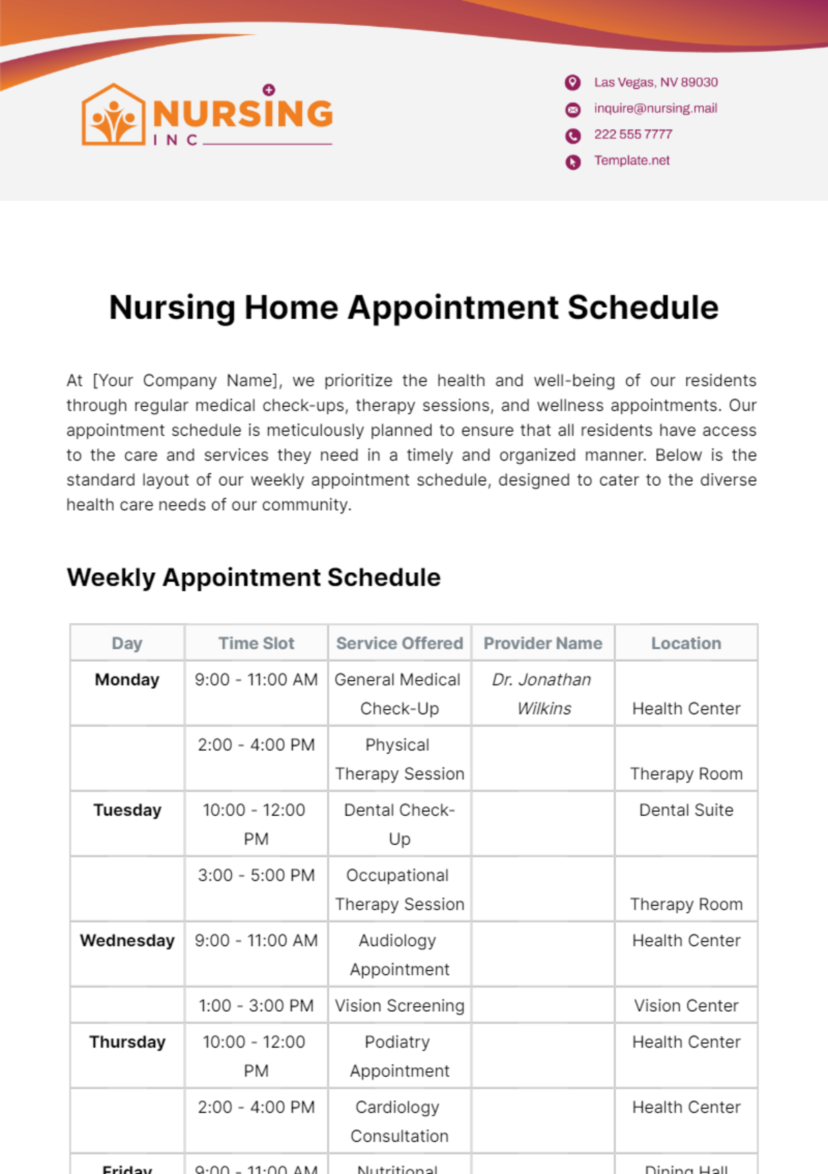 Nursing Home Appointment Schedule Template