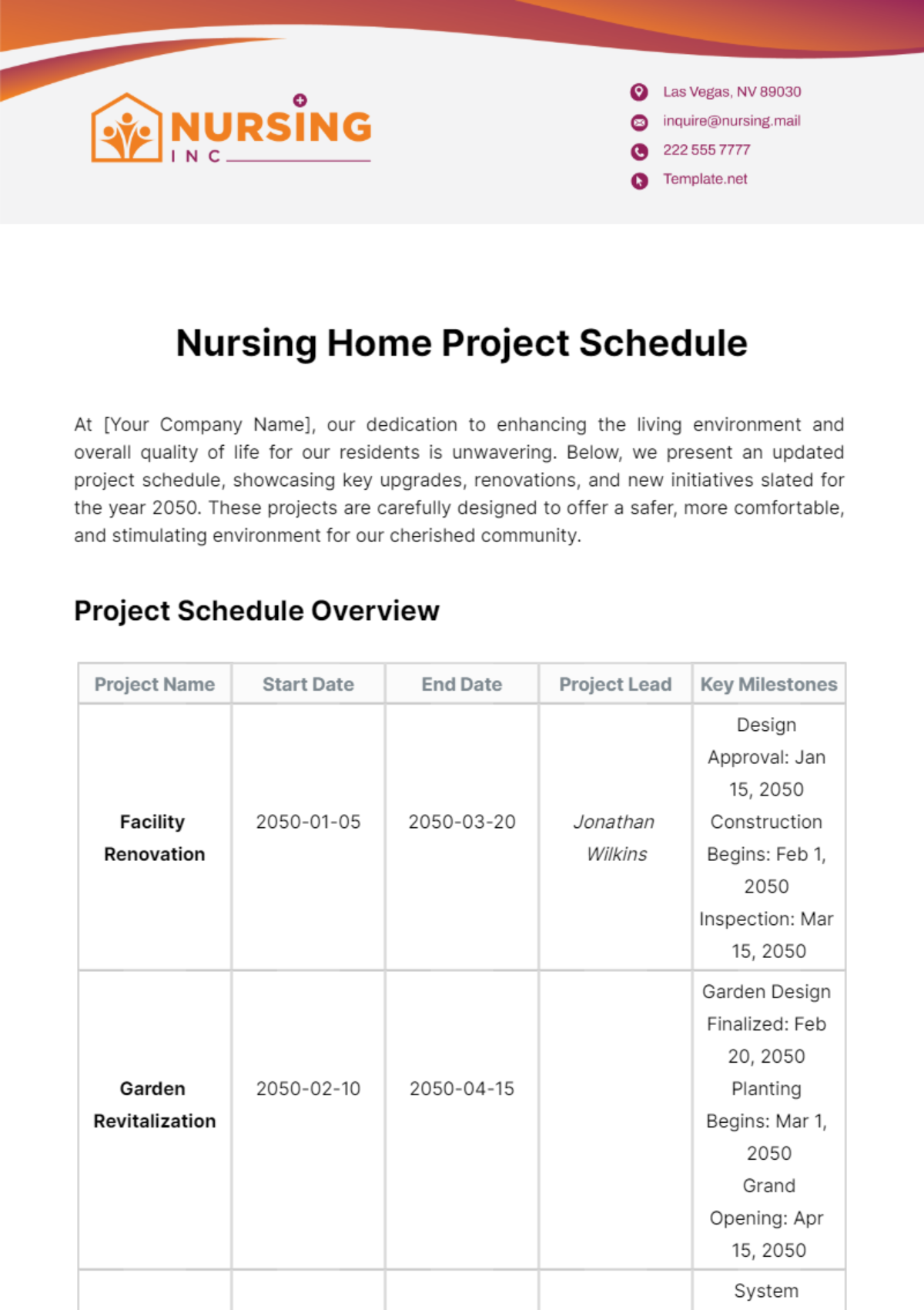 Free Nursing Home Project Schedule Template