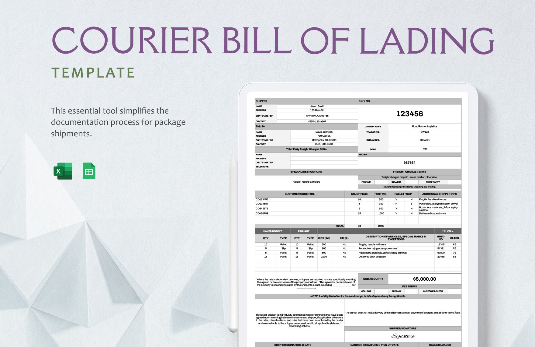 Courier Bill of Lading Template in Excel, Google Sheets