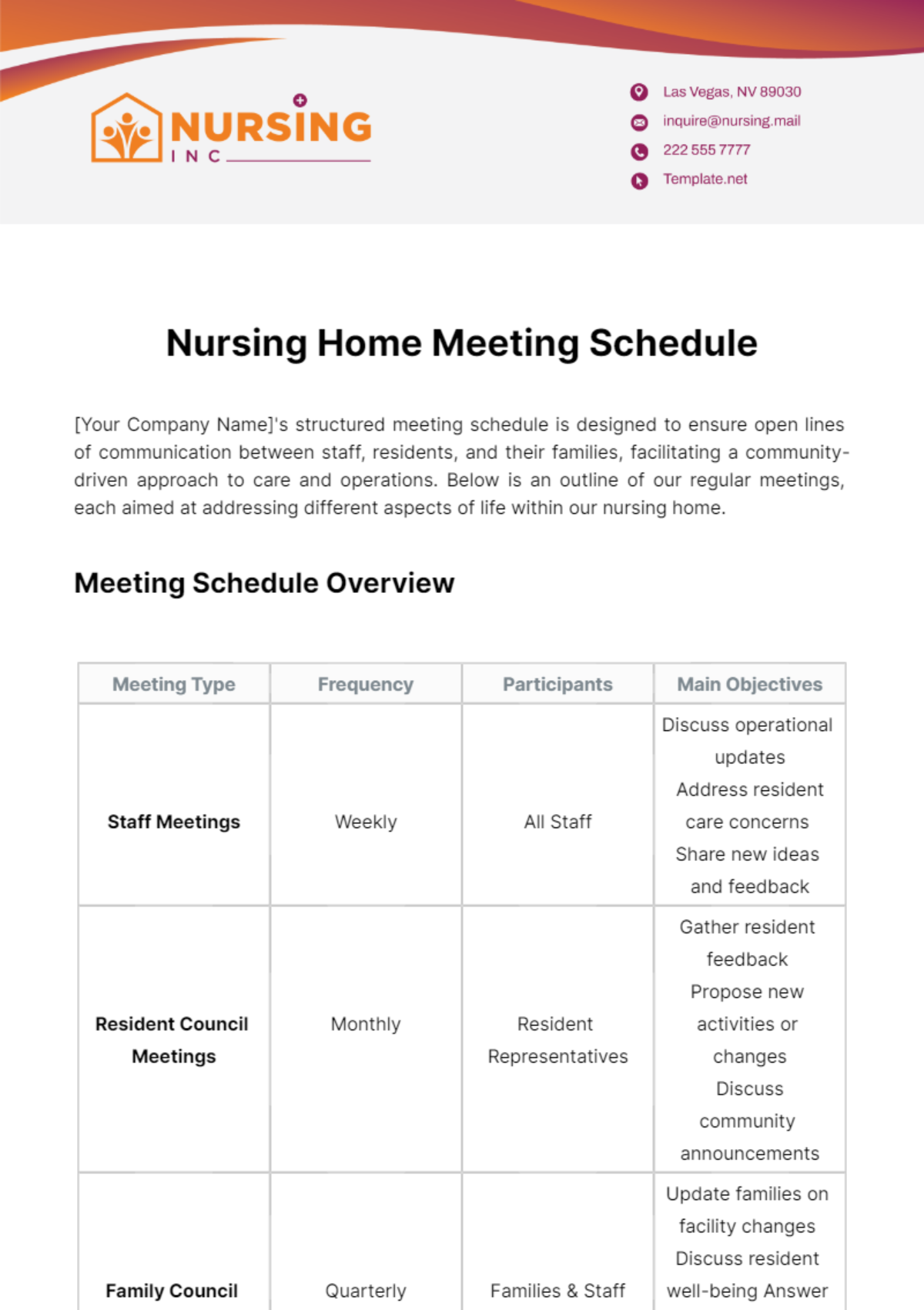 Nursing Home Meeting Schedule Template