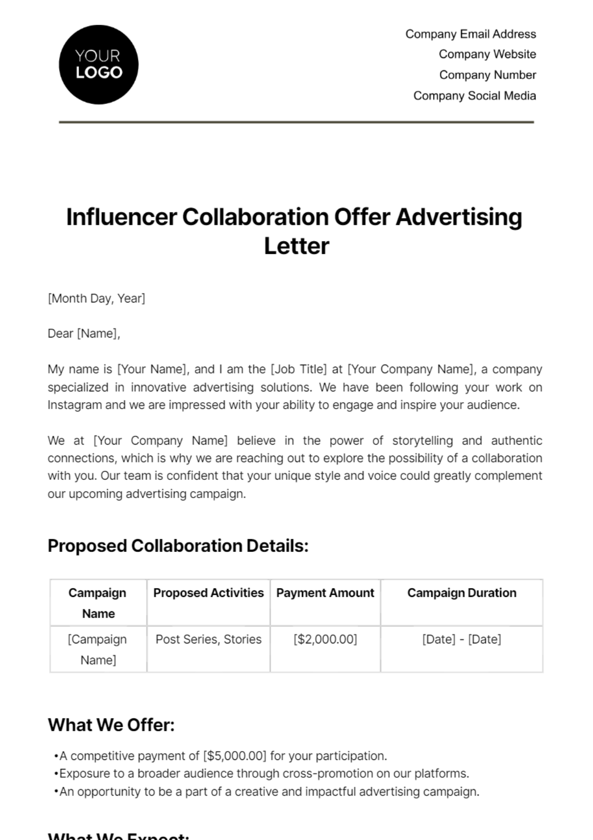 Free Influencer Collaboration Offer Advertising Letter Template