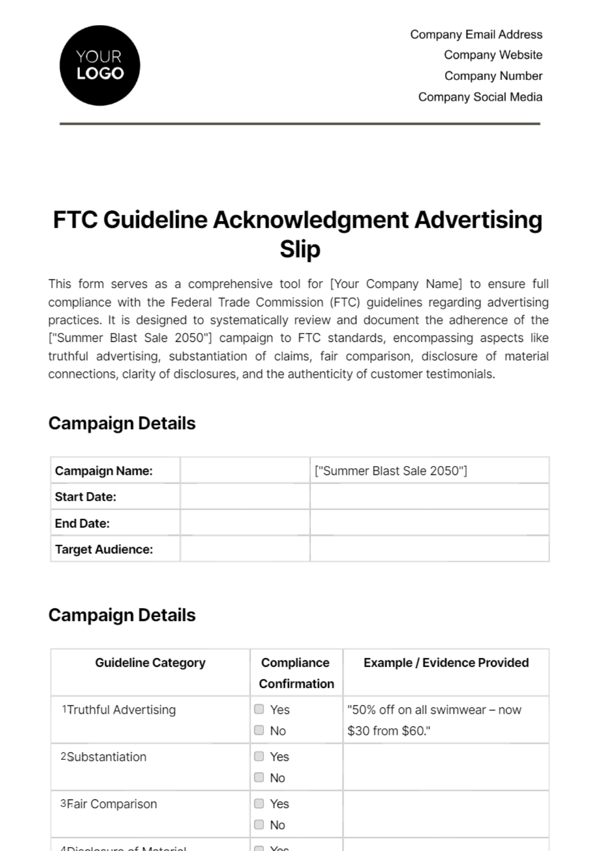 Free FTC Guideline Acknowledgment Advertising Slip Template