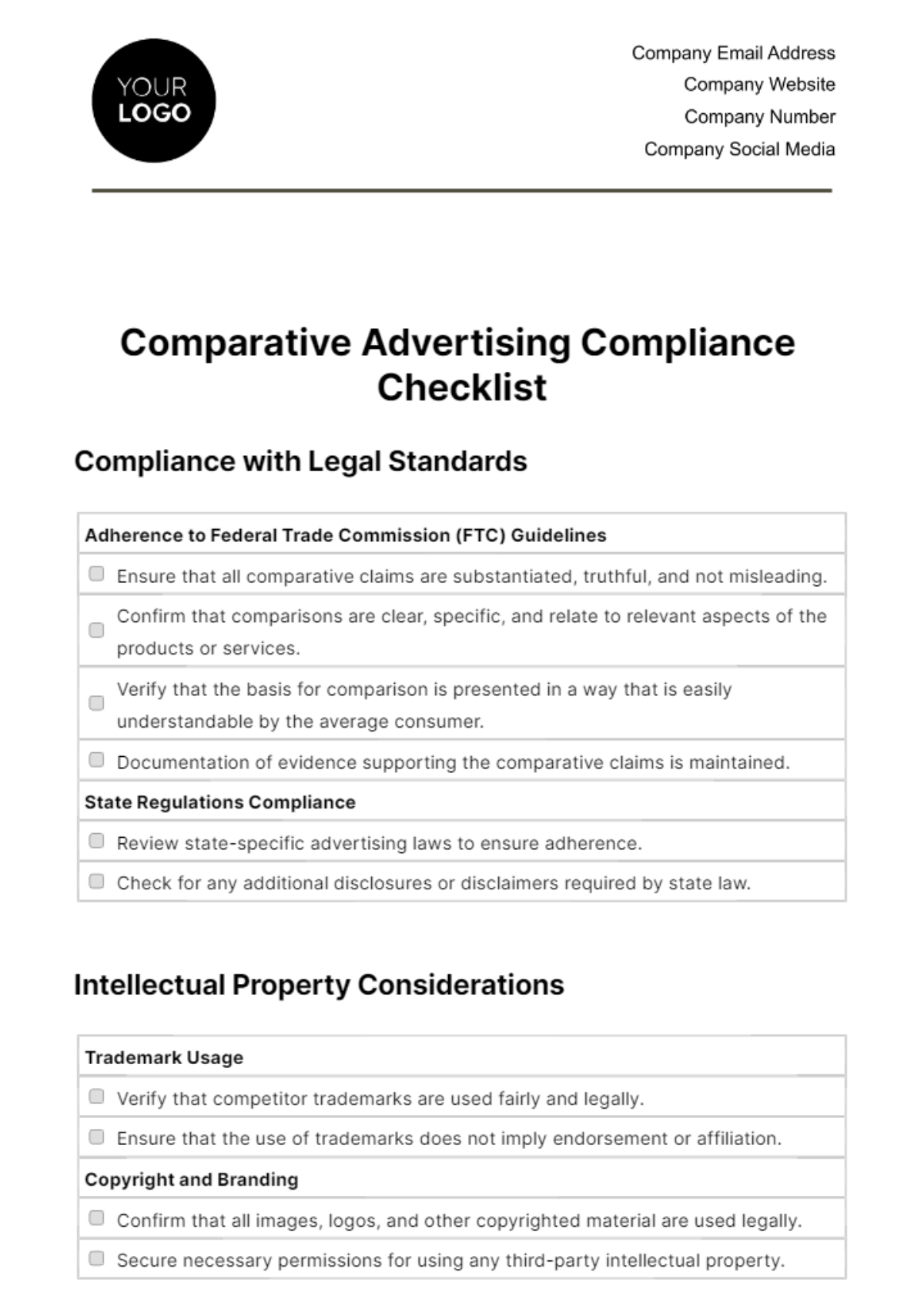 Comparative Advertising Compliance Checklist Template