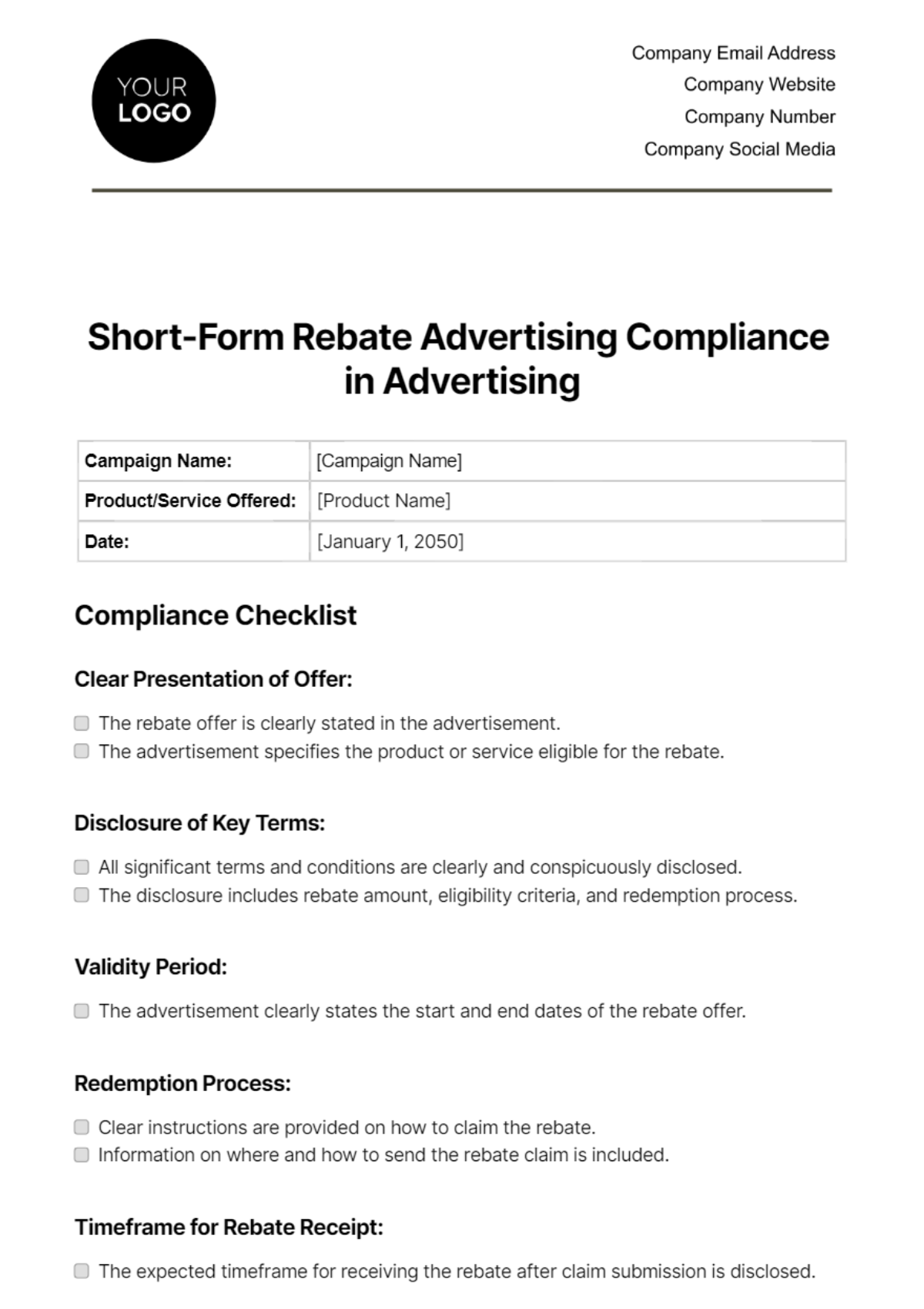 Short-Form Rebate Advertising Compliance in Advertising Template