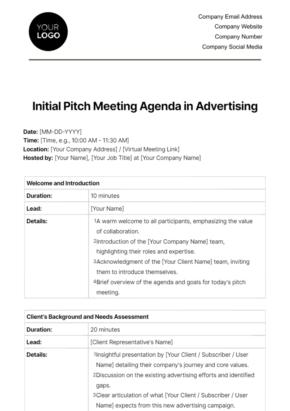 Initial Pitch Meeting Agenda in Advertising Template