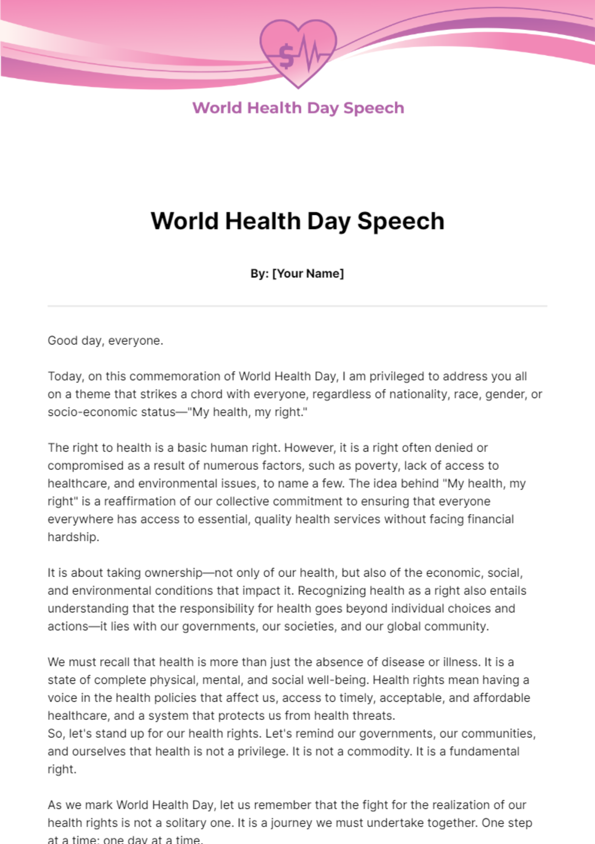 Free World Health Day Speech Template