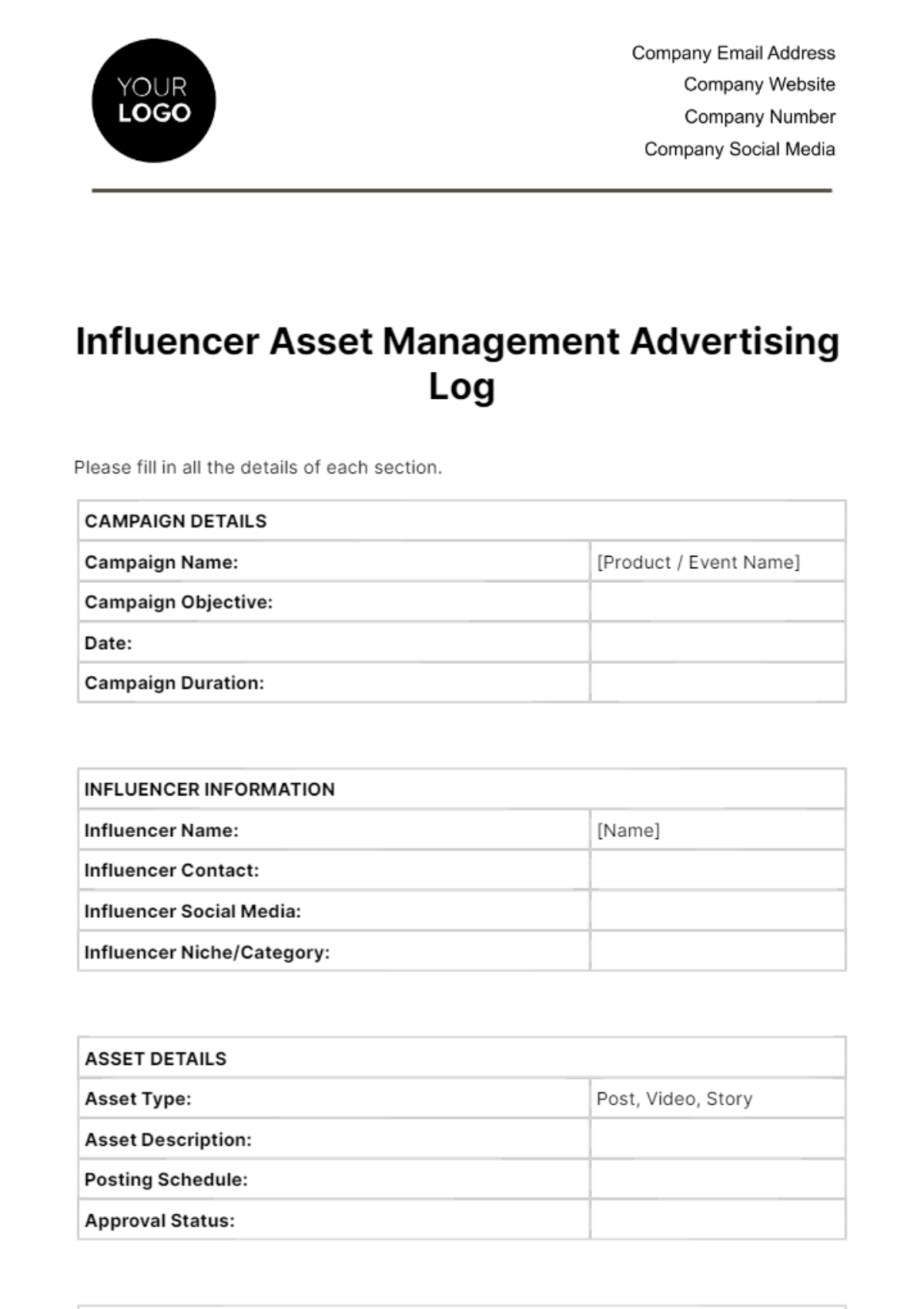 Influencer Asset Management Advertising Log Template
