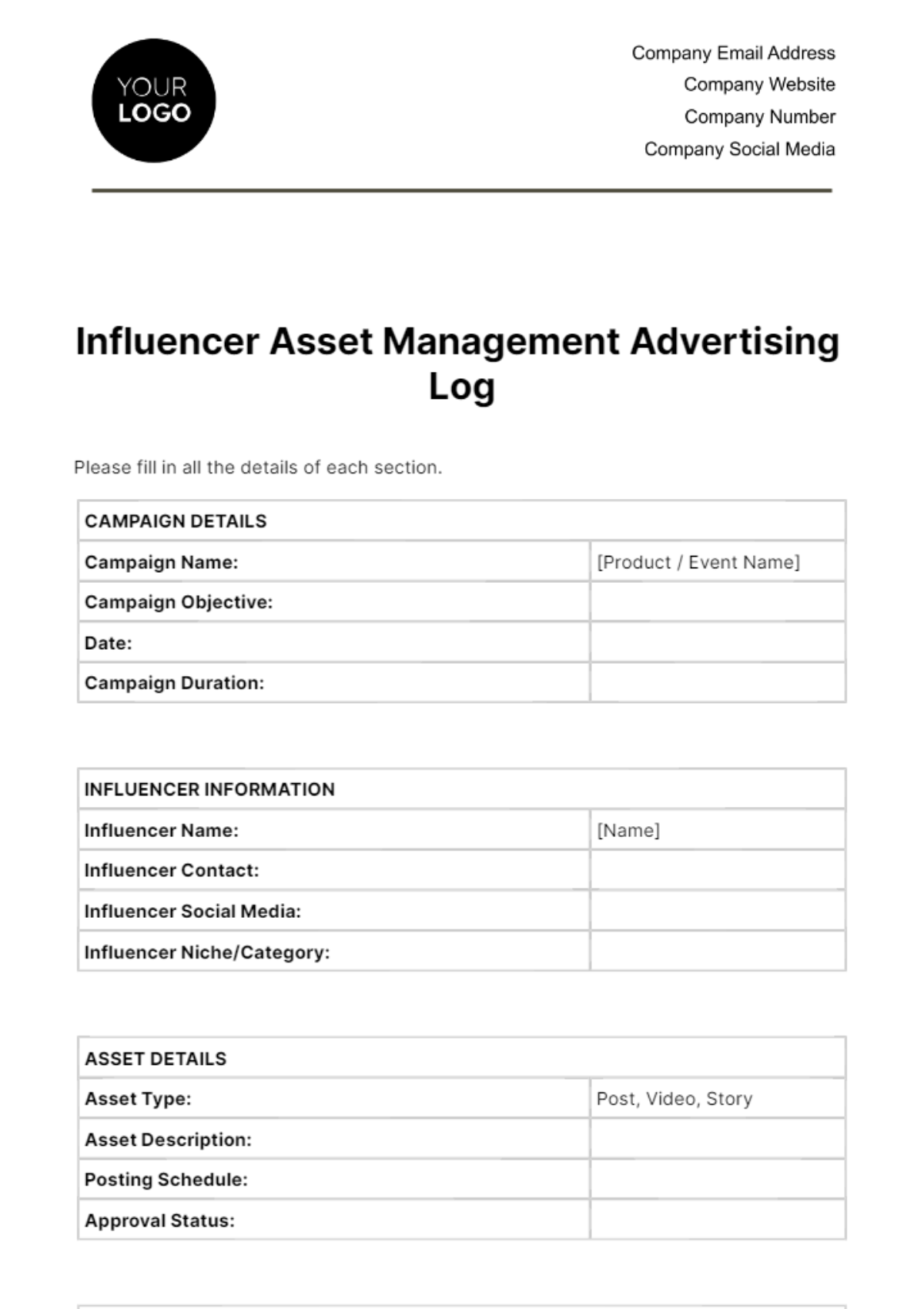 Influencer Asset Management Advertising Log Template - Edit Online & Download