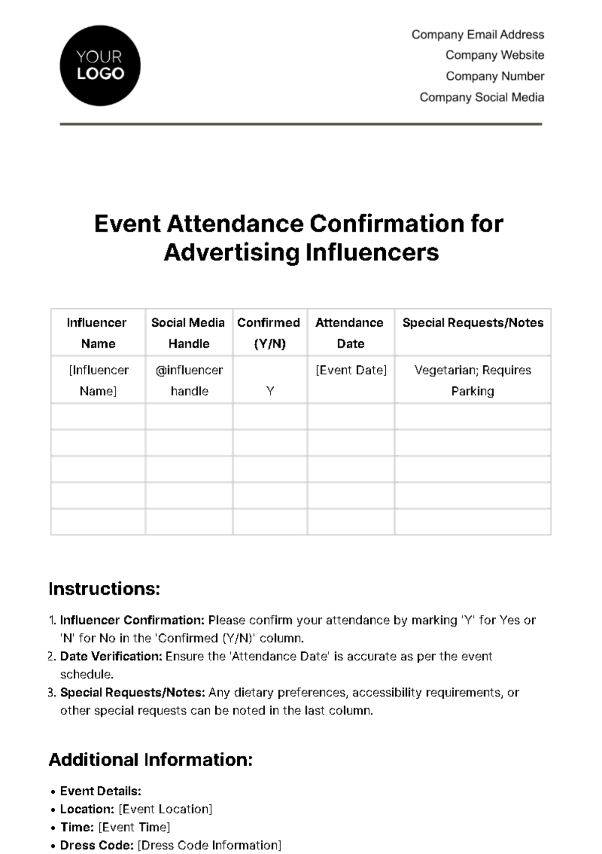 Free Event Attendance Confirmation for Advertising Influencers Template