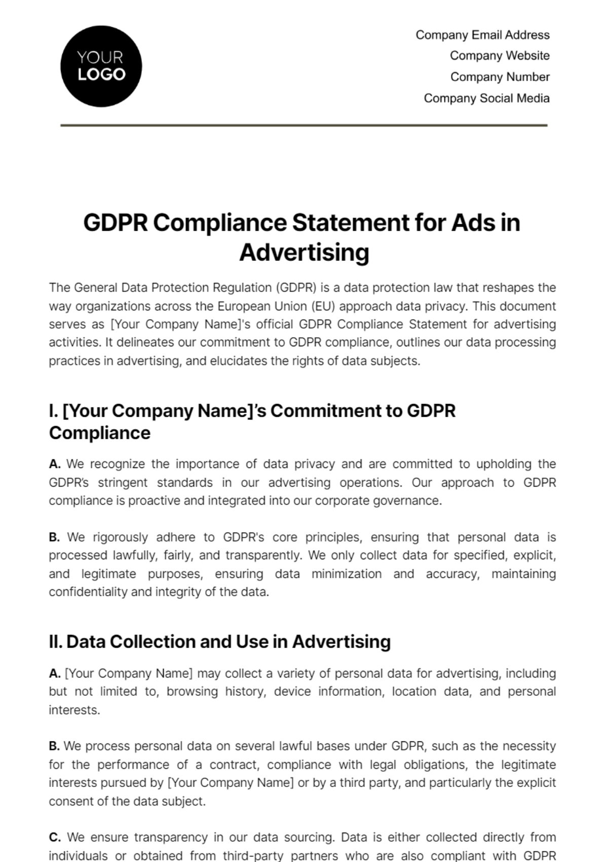 Free GDPR Compliance Statement for Ads in Advertising Template