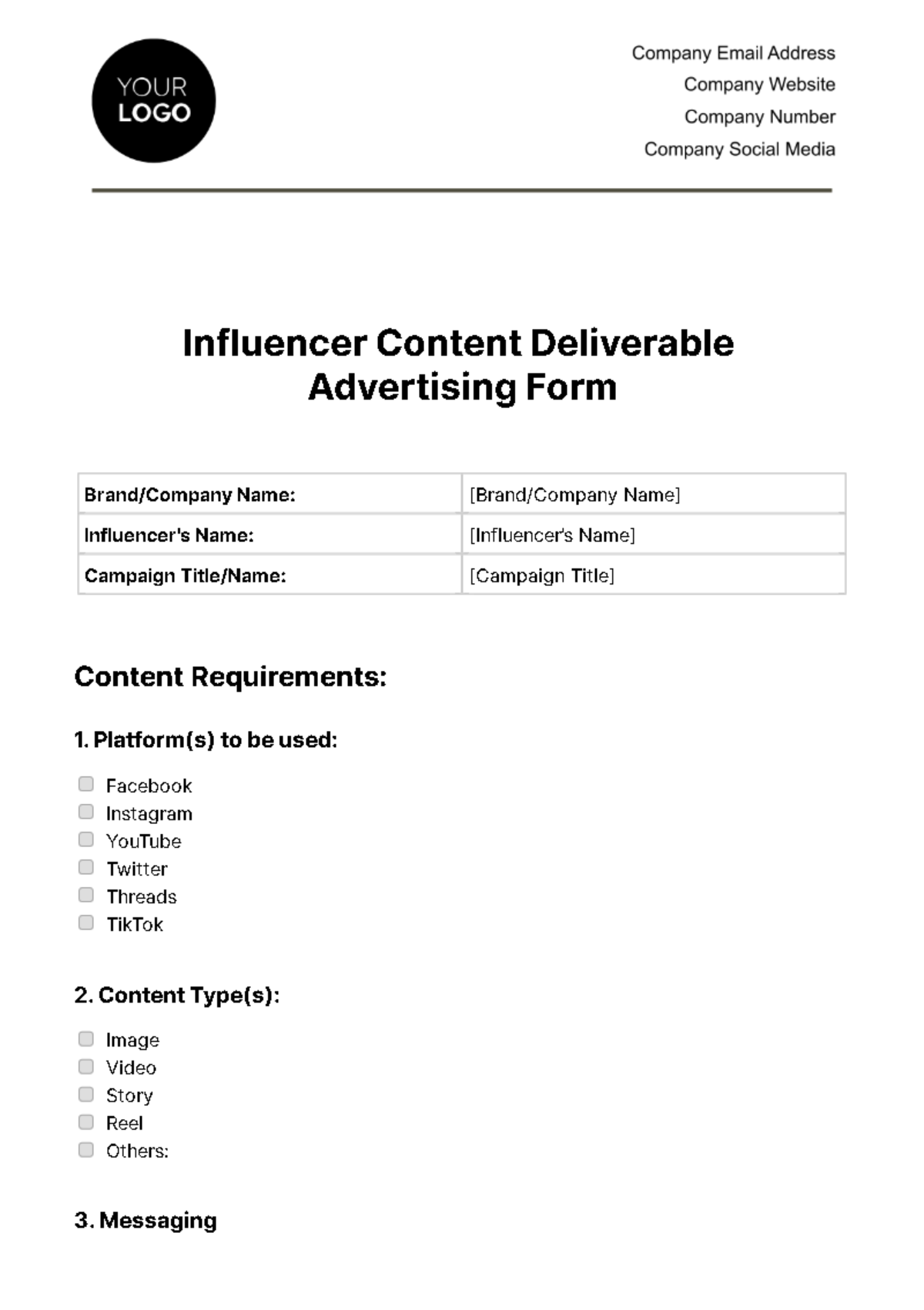 Free Influencer Content Deliverable Advertising Form Template