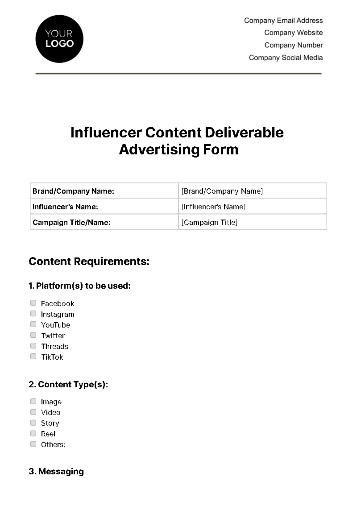 Influencer Content Deliverable Advertising Form Template - Edit Online & Download