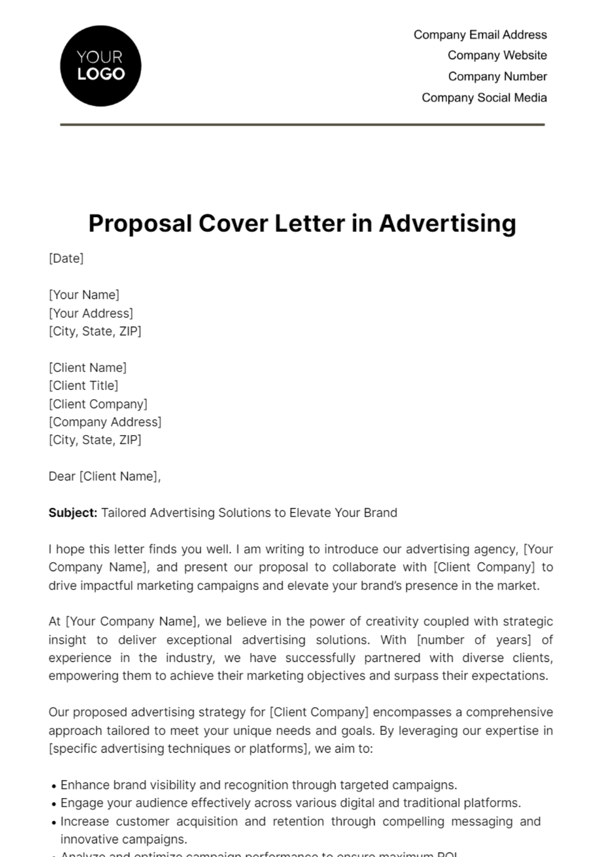 Proposal Cover Letter in Advertising Template