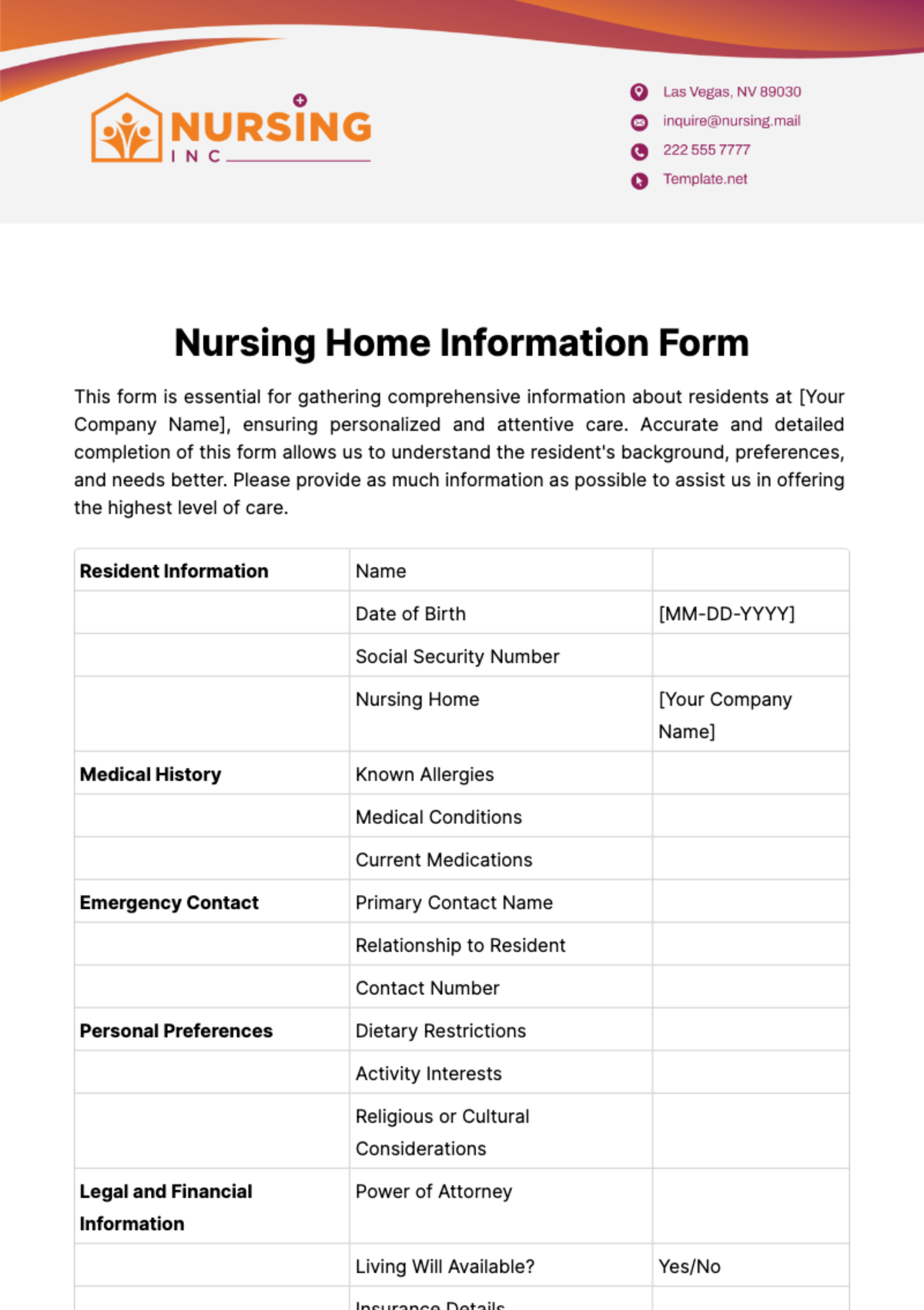 Nursing Home Information Form Template