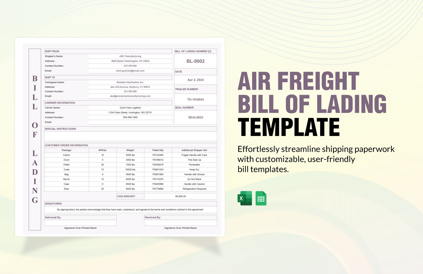 Air Freight Bill of Lading Template in Excel, Google Sheets