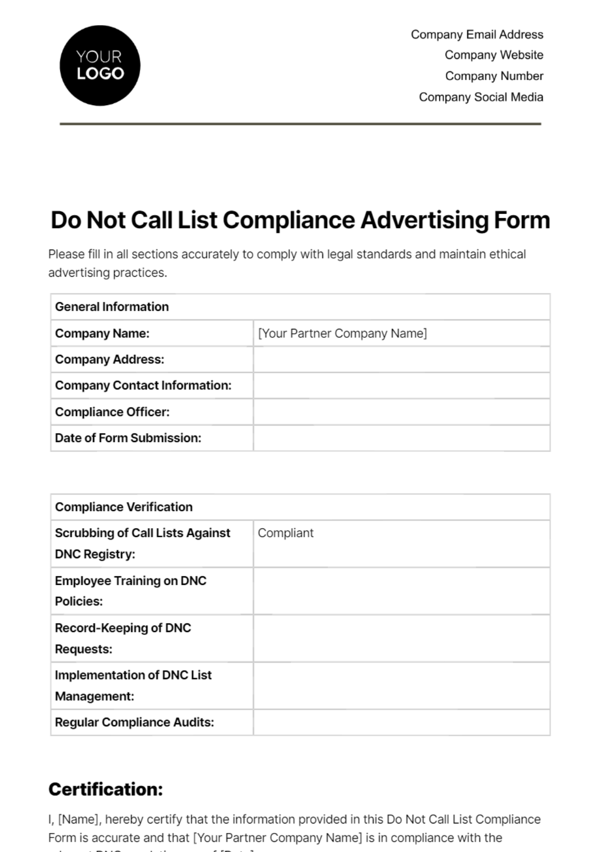 Do Not Call List Compliance Advertising Form Template