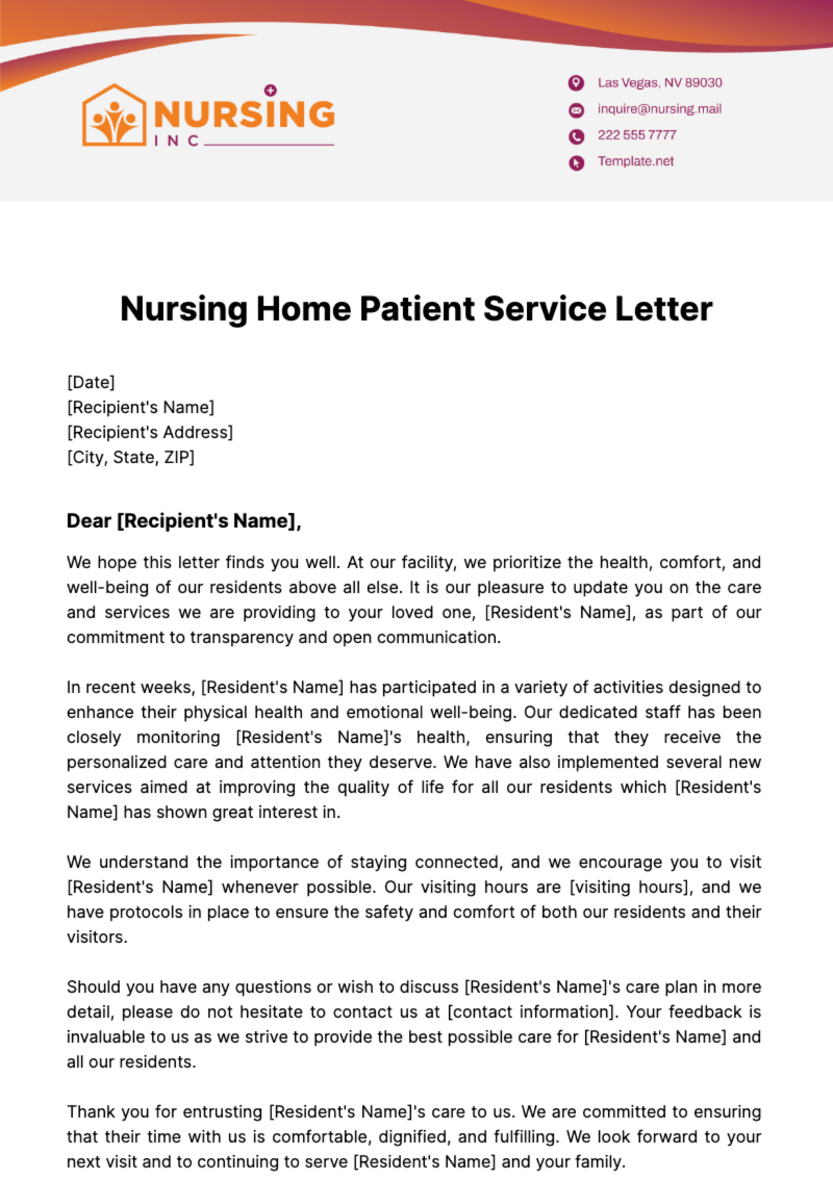 Nursing Home Patient Service Letter Template