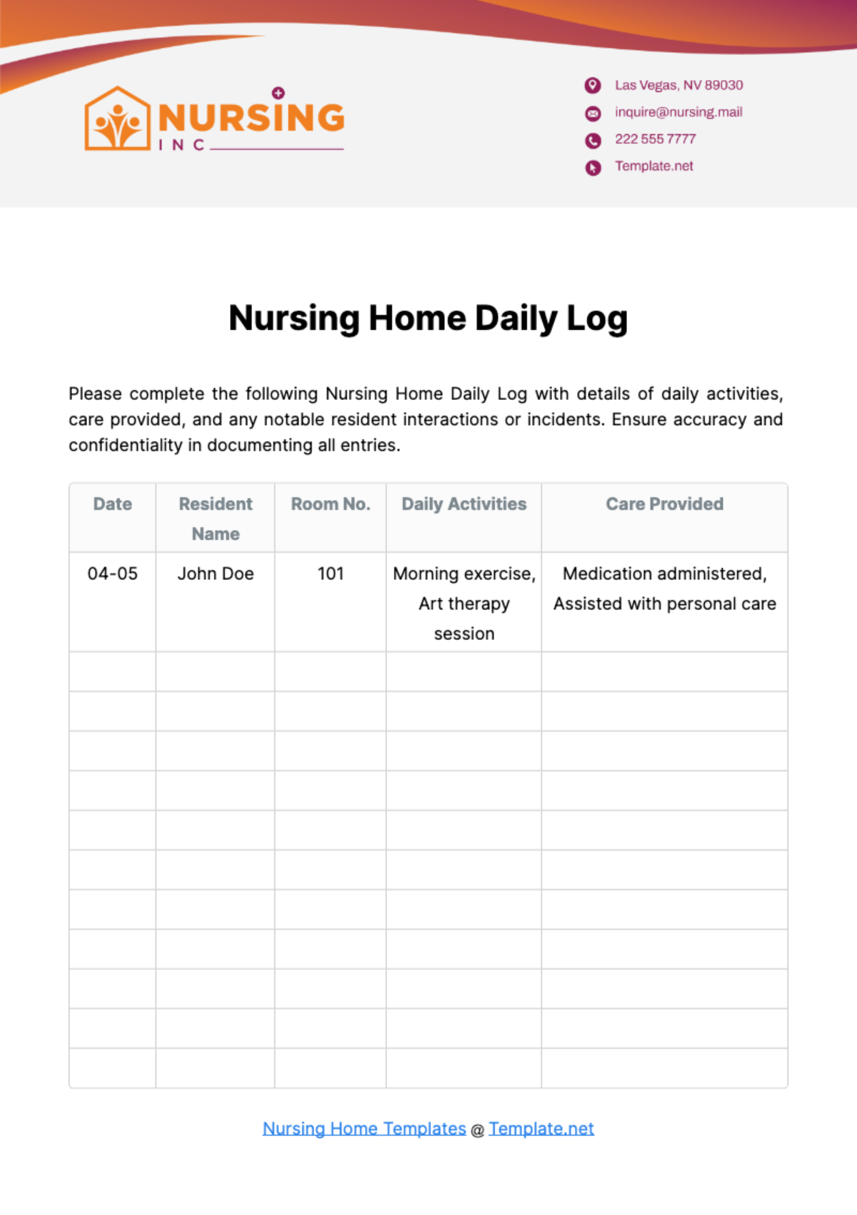 Nursing Home Daily Log Template