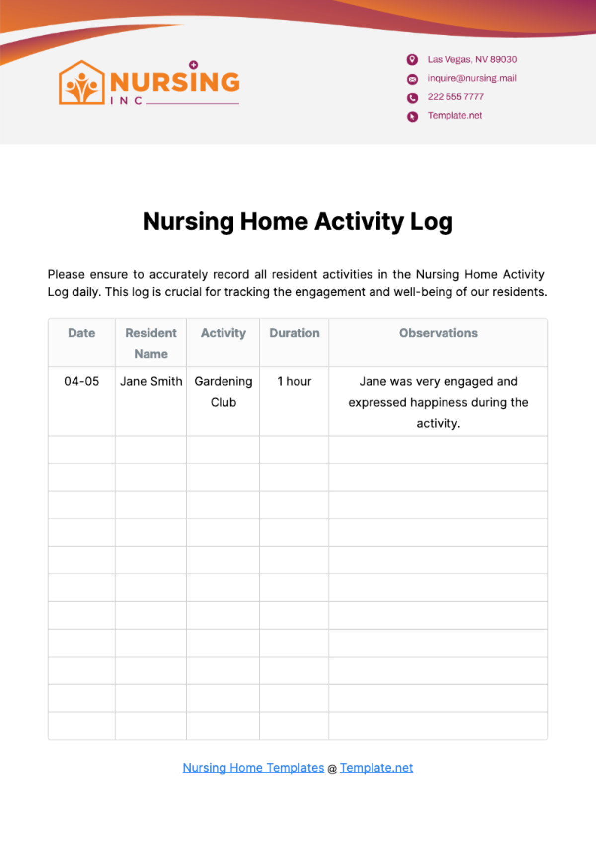 Nursing Home Activity Log Template