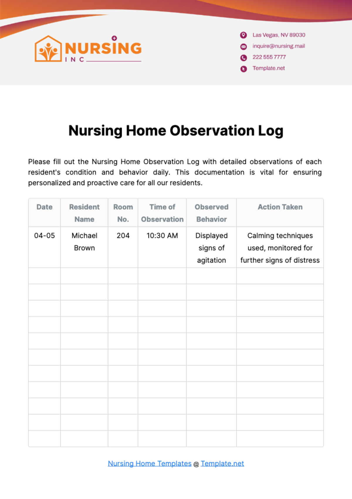 Nursing Home Observation Log Template