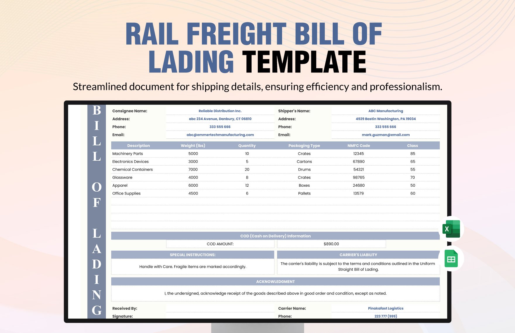 Rail Freight Bill of Lading Template in Excel, Google Sheets