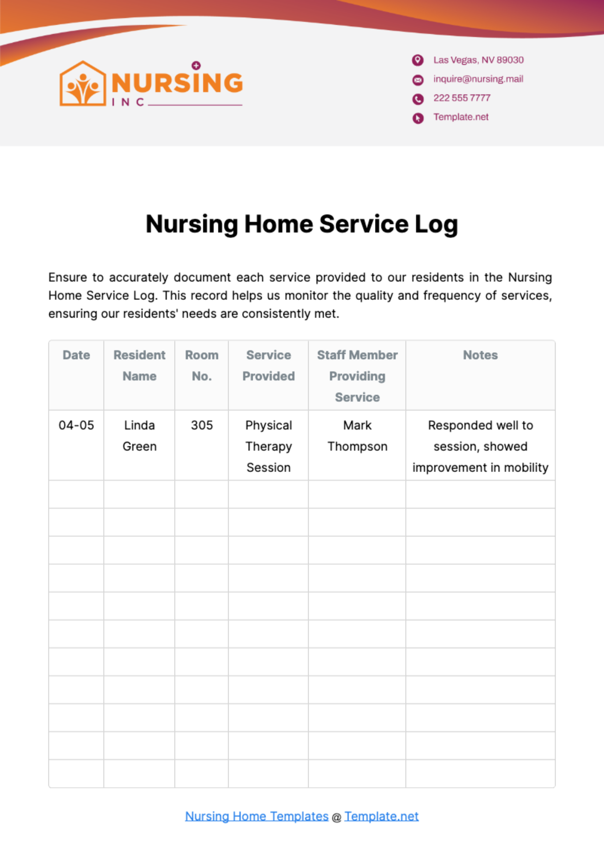 Nursing Home Service Log Template