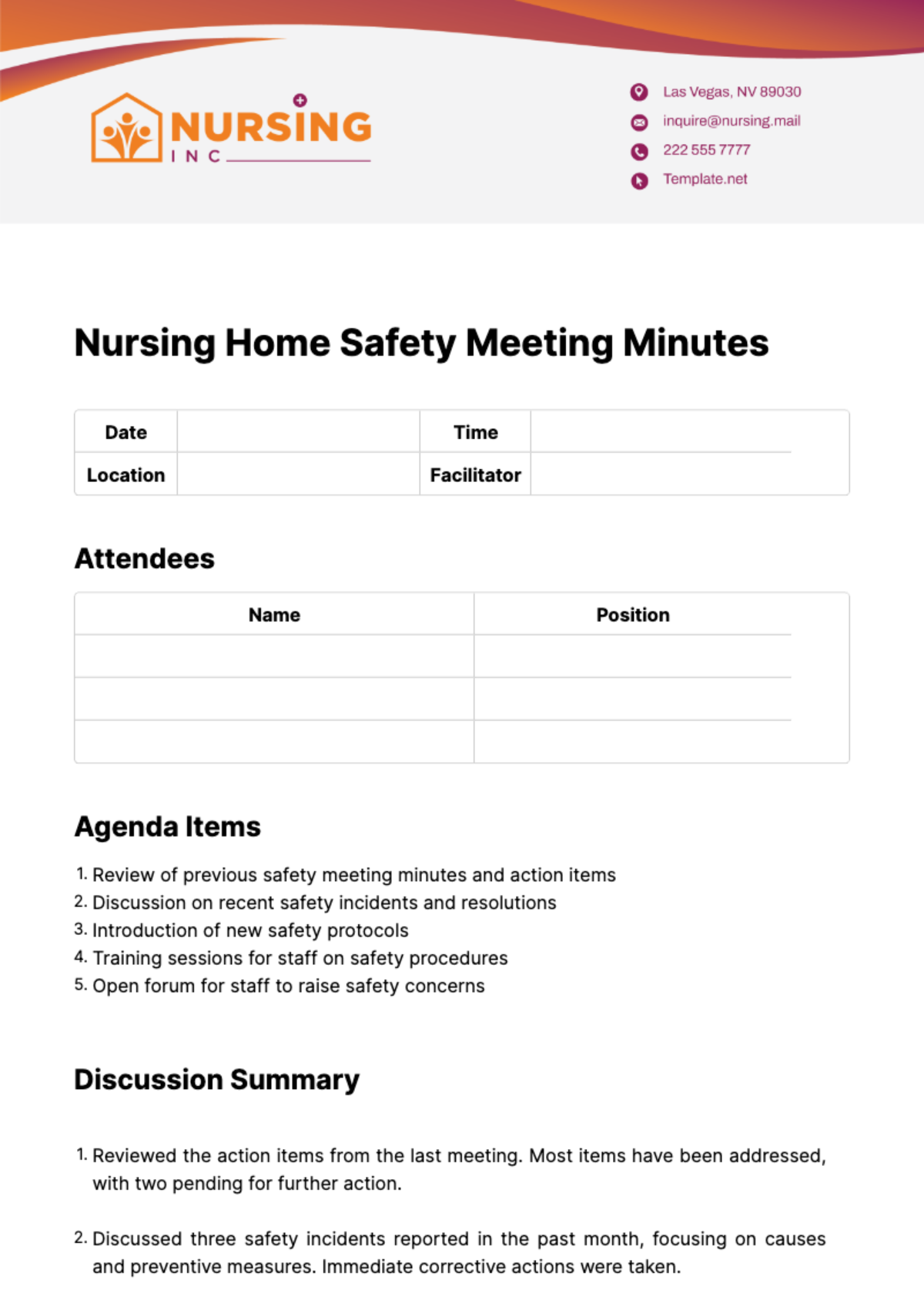 Nursing Home Safety Meeting Minutes Template