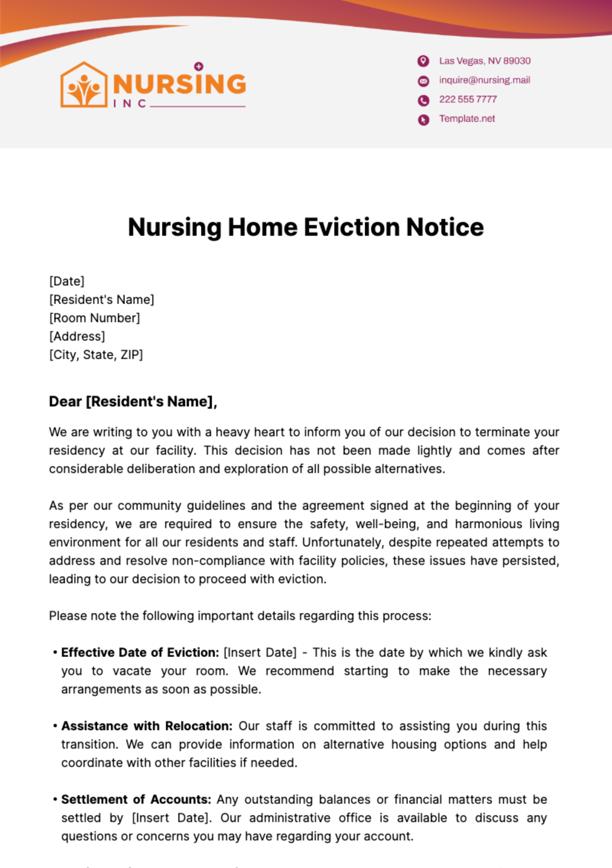 Nursing Home Eviction Notice Template