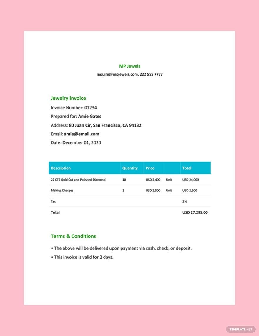 Jewelry Store Invoice Template Google Docs Google Sheets Excel