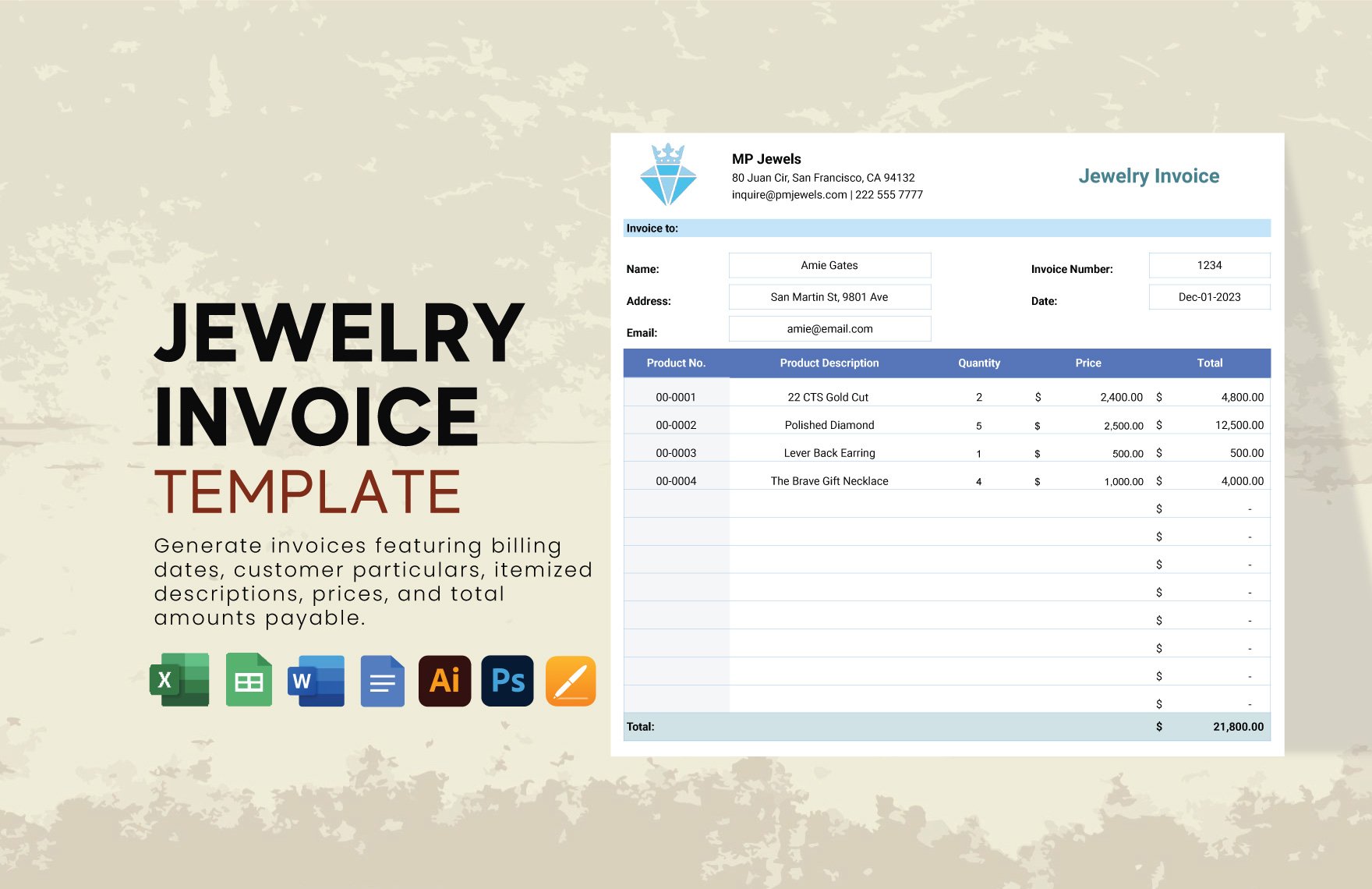 Jewelry Invoice Template in Word, Google Docs, Excel, Google Sheets, Illustrator, PSD, Apple Pages