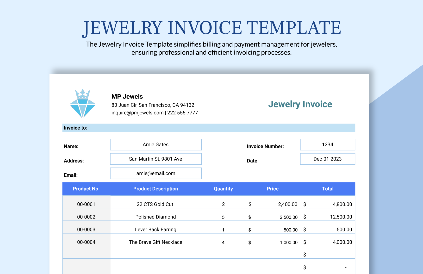 Jewelry Invoice Template in Word, Google Docs, Excel, Google Sheets, Illustrator, PSD, Apple Pages