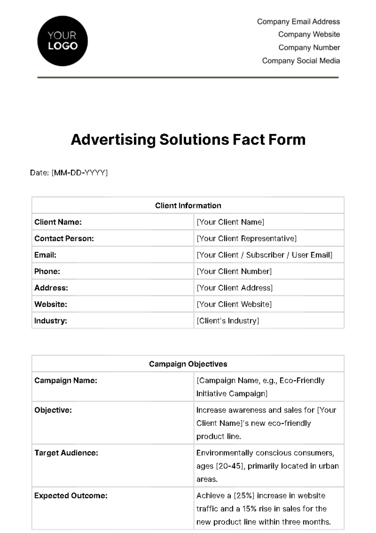 Advertising Solutions Fact Form Template