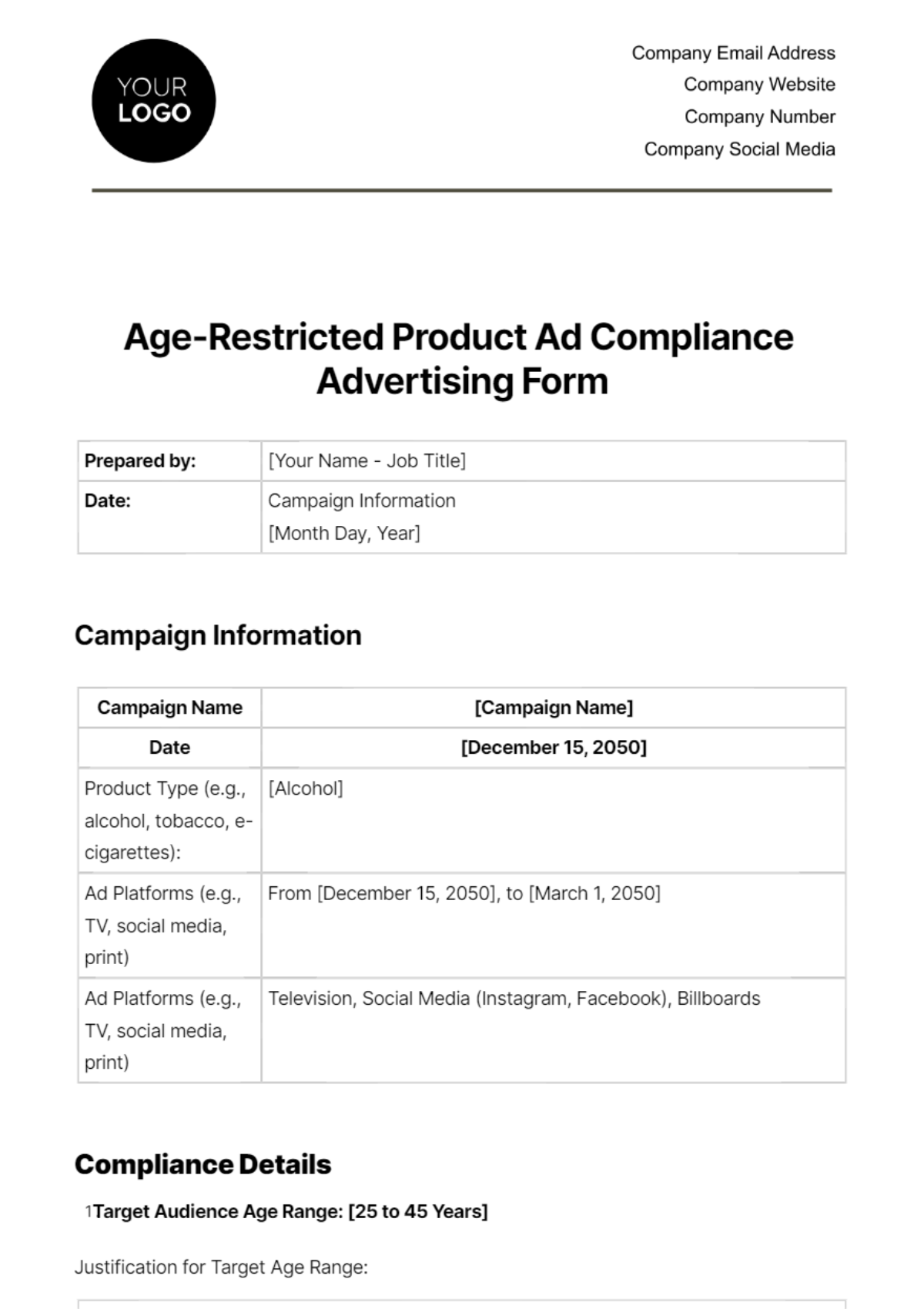 Age-Restricted Product Ad Compliance Advertising Form Template