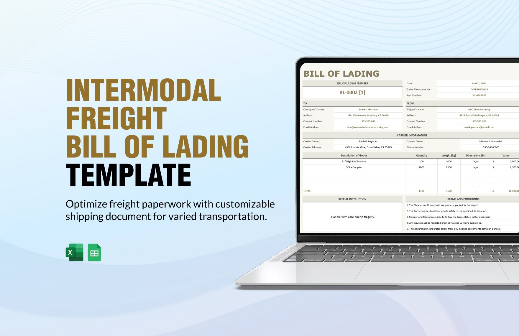 Intermodal Freight Bill of Lading Template in Excel, Google Sheets
