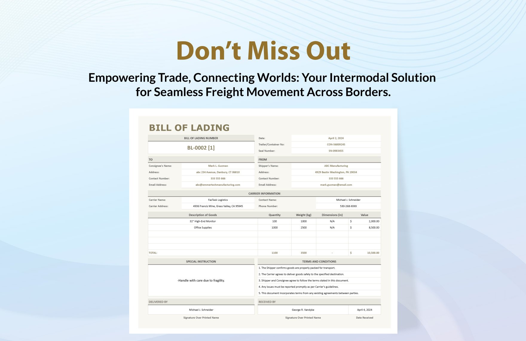 Intermodal Freight Bill of Lading Template