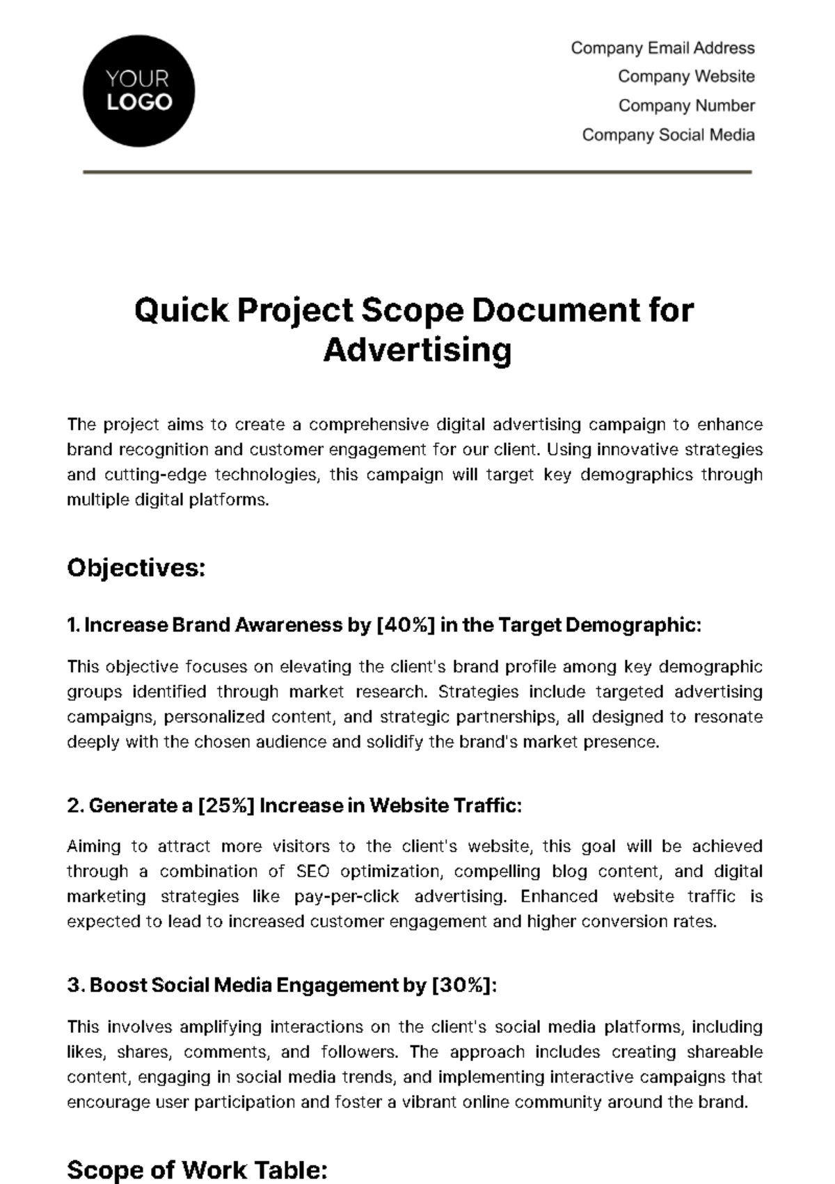 Free Quick Project Scope Document for Advertising Template