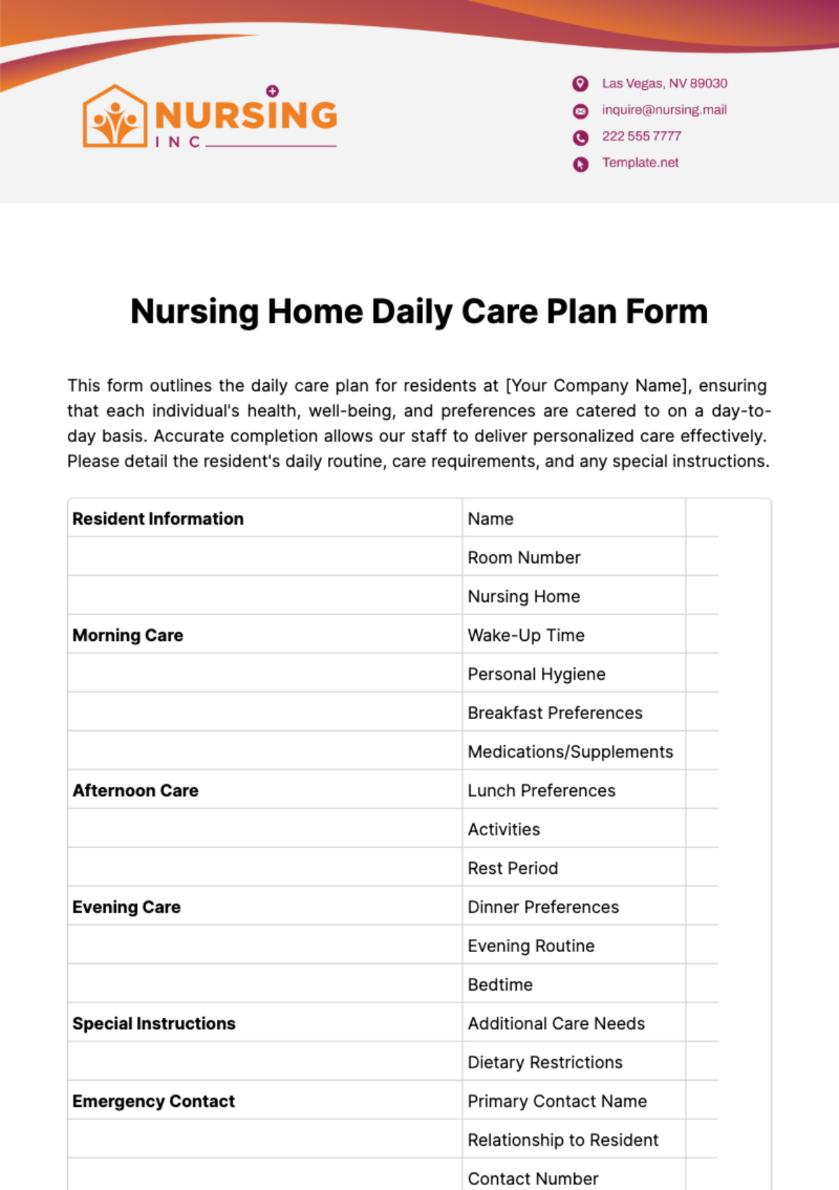 Nursing Home Daily Care Plan Form Template