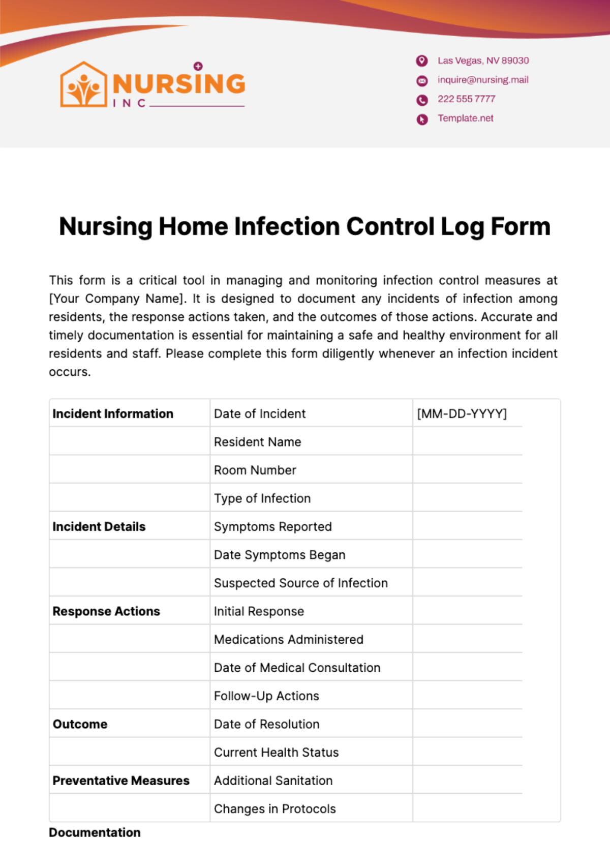 Nursing Home Infection Control Log Form Template