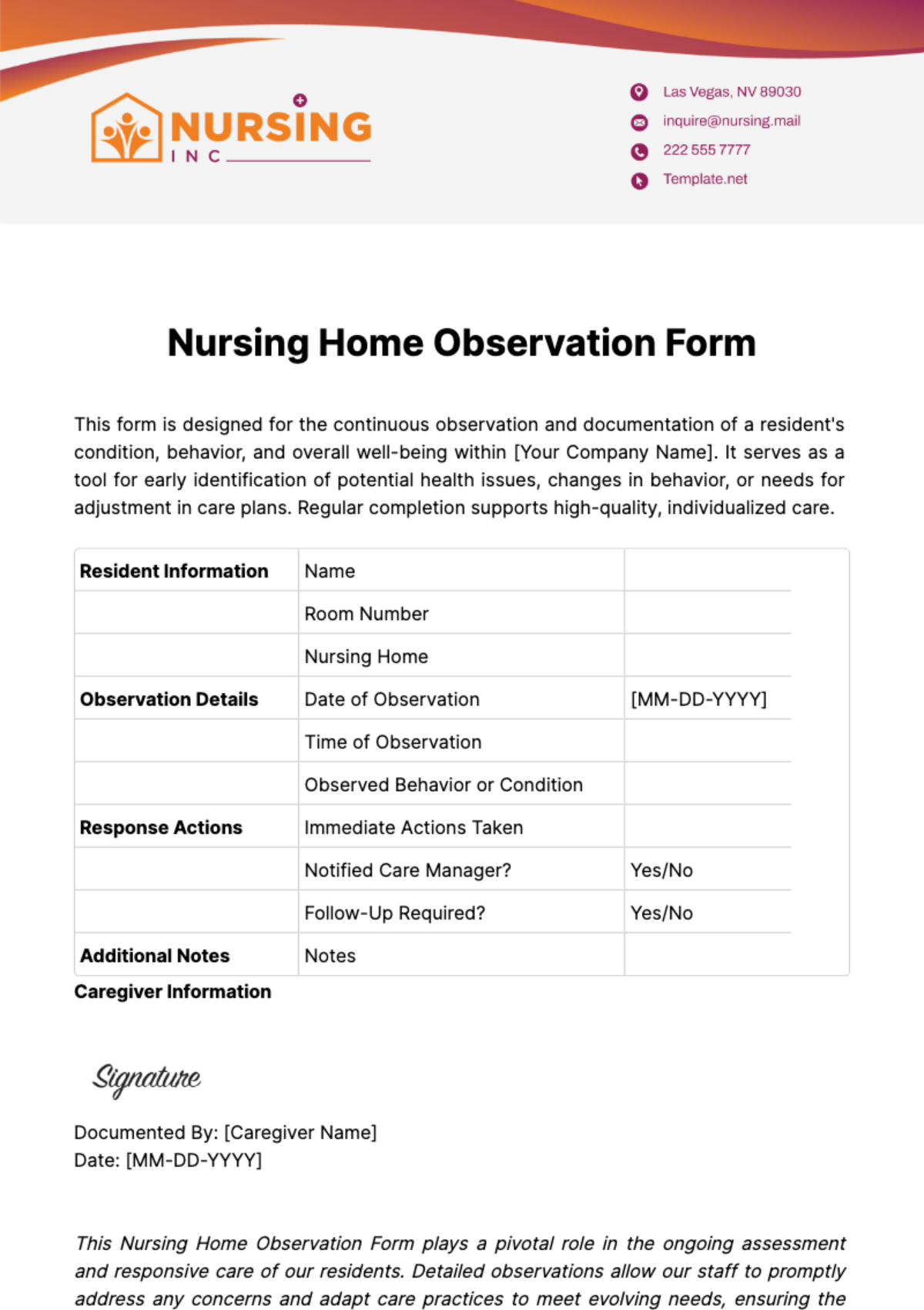 Nursing Home Observation Form Template
