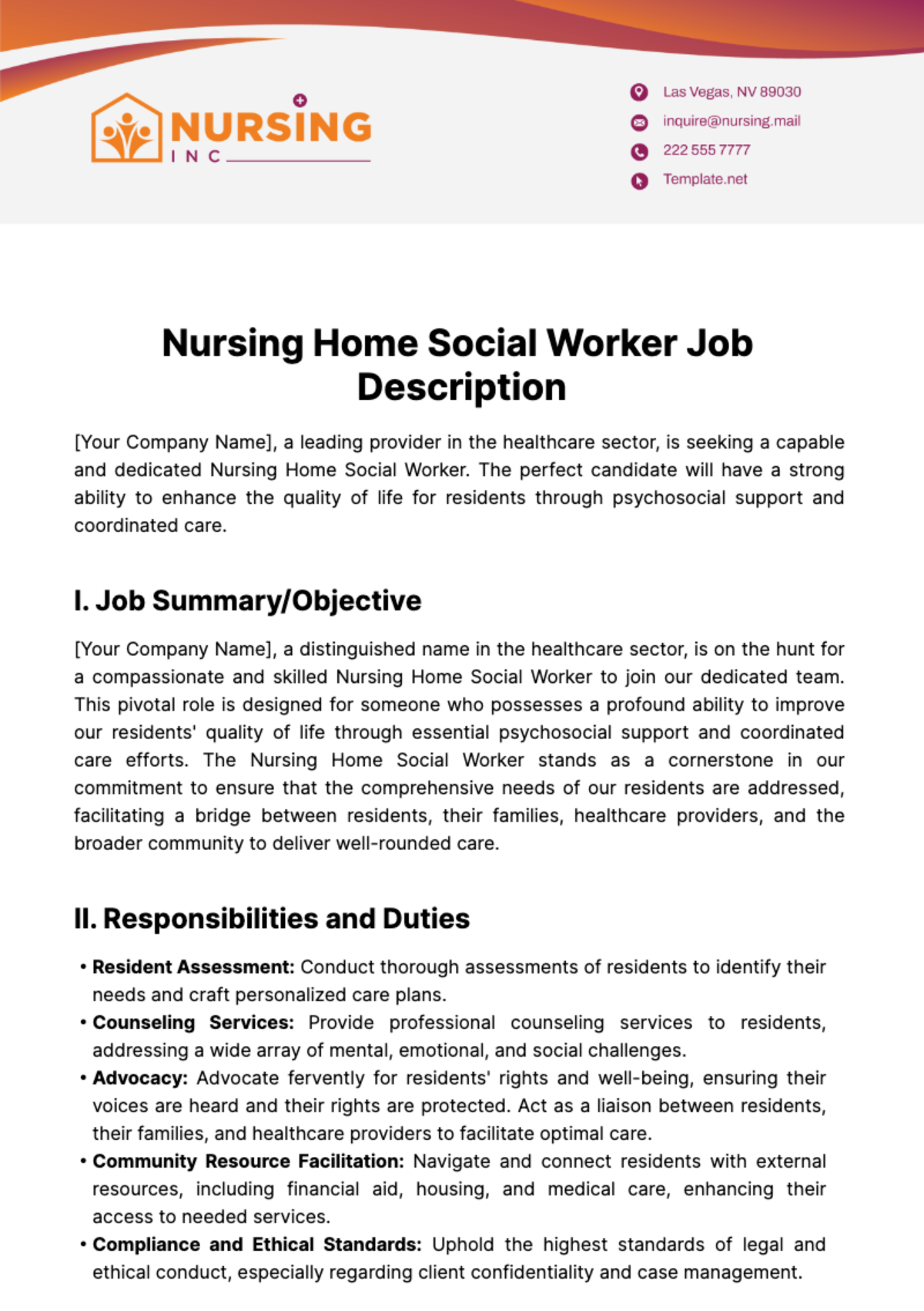 Nursing Home Social Worker Job Description Template