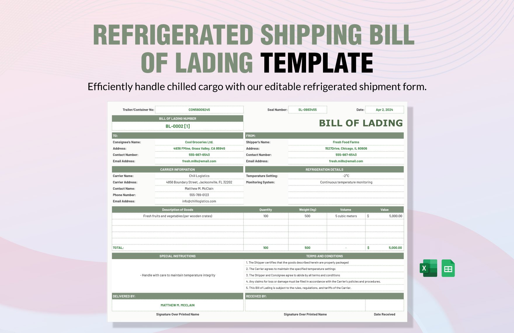 Refrigerated Shipping Bill of Lading Template